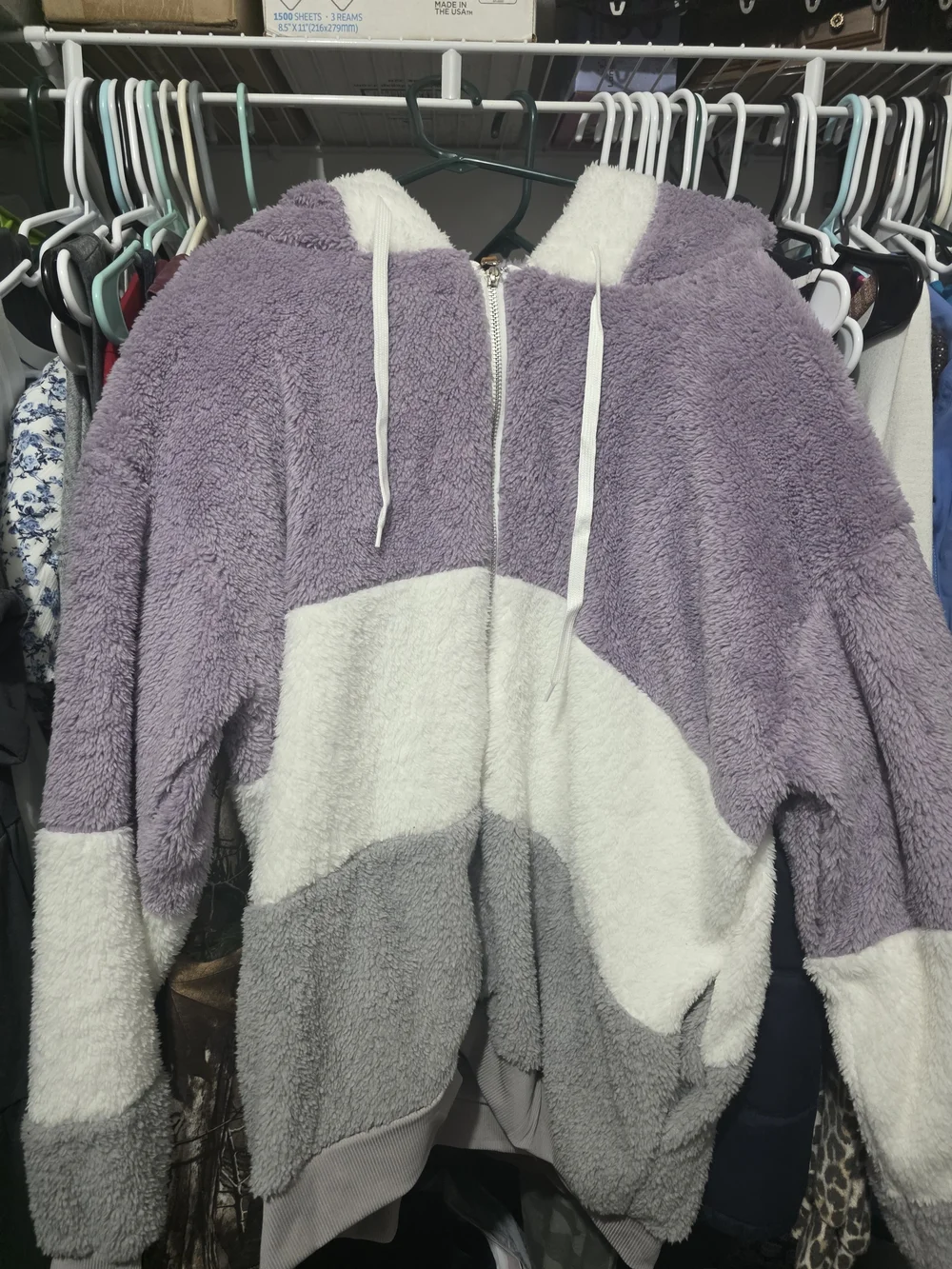 SHEIN Lavender White Gray Plush Zip-Up Hoodie Coat NEVER WORN!